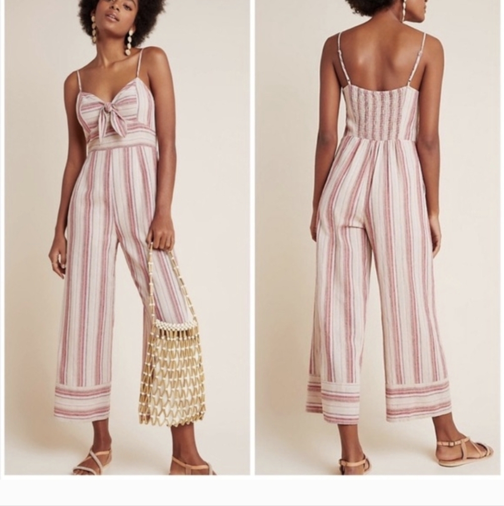 Anthropologie J.O.A. Pink & Cream Striped Tie-Front Wide-Leg Jumpsuit  Sz.XS NWT